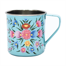 Load image into Gallery viewer, Hand painted floral design stainless steel mug in blue
