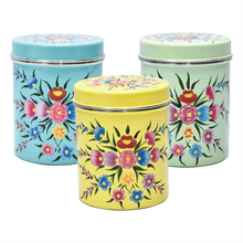 Load image into Gallery viewer, Hand painted floral design set of 3 stainless steel canisters with lid in green, yellow, and blue