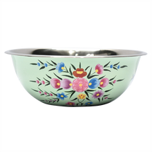 Load image into Gallery viewer, Hand painted floral design stainless steel serving or mixing bowl in green