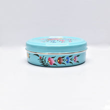 Load image into Gallery viewer, Hand painted floral design stainless steel storage tin in blue