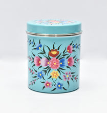 Load image into Gallery viewer, Hand painted floral design set of 3 stainless steel canisters with lid in green, yellow, and blue