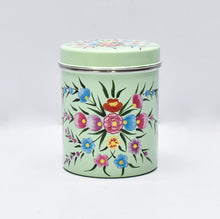 Load image into Gallery viewer, Hand painted floral design set of 3 stainless steel canisters with lid in green, yellow, and blue