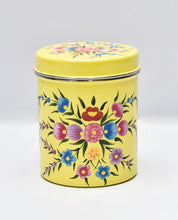 Load image into Gallery viewer, Hand painted floral design set of 3 stainless steel canisters with lid in green, yellow, and blue