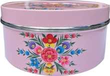Load image into Gallery viewer, Hand painted floral design stainless steel large deep storage tin in pink