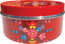 Load image into Gallery viewer, Hand painted floral design stainless steel deep storage tin in red