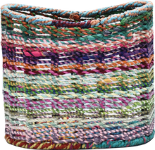 Load image into Gallery viewer, Colourful wire framed magazine holder and storage wrapped in vintage recycled saris