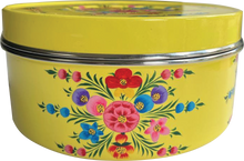 Load image into Gallery viewer, Hand painted floral design stainless steel storage tin in yellow