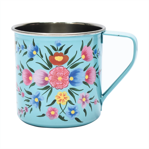 Hand painted floral design stainless steel mug in blue