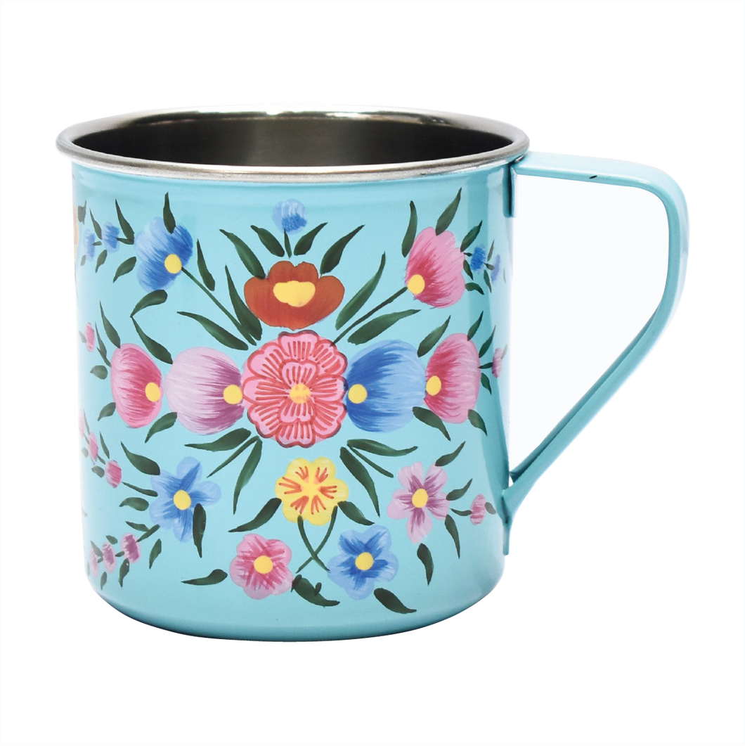 Hand painted floral design stainless steel mug in blue