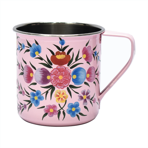Hand painted floral design stainless steel mug in pink