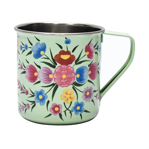 Hand painted floral design stainless steel mug in green