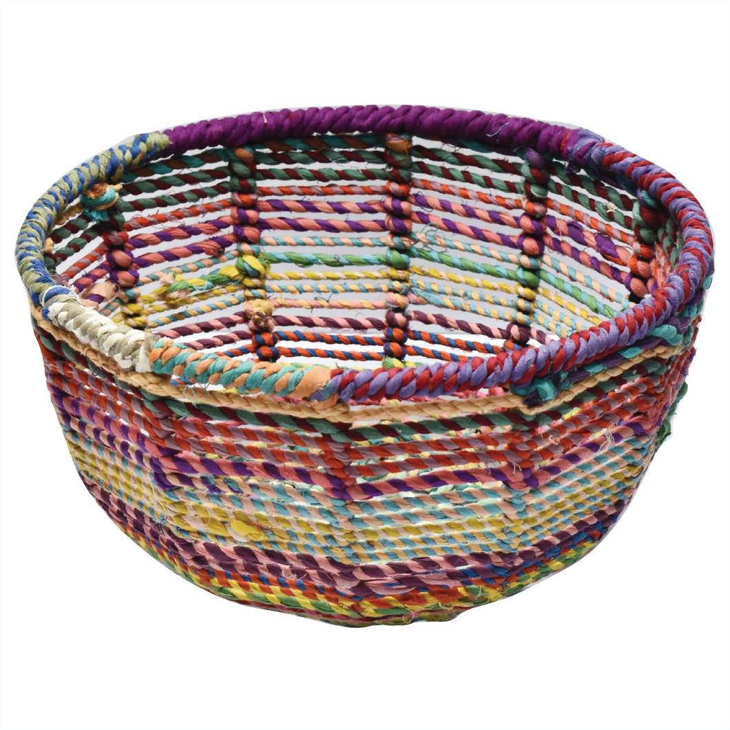 Colourful wire framed bowl and storage wrapped in vintage recycled saris