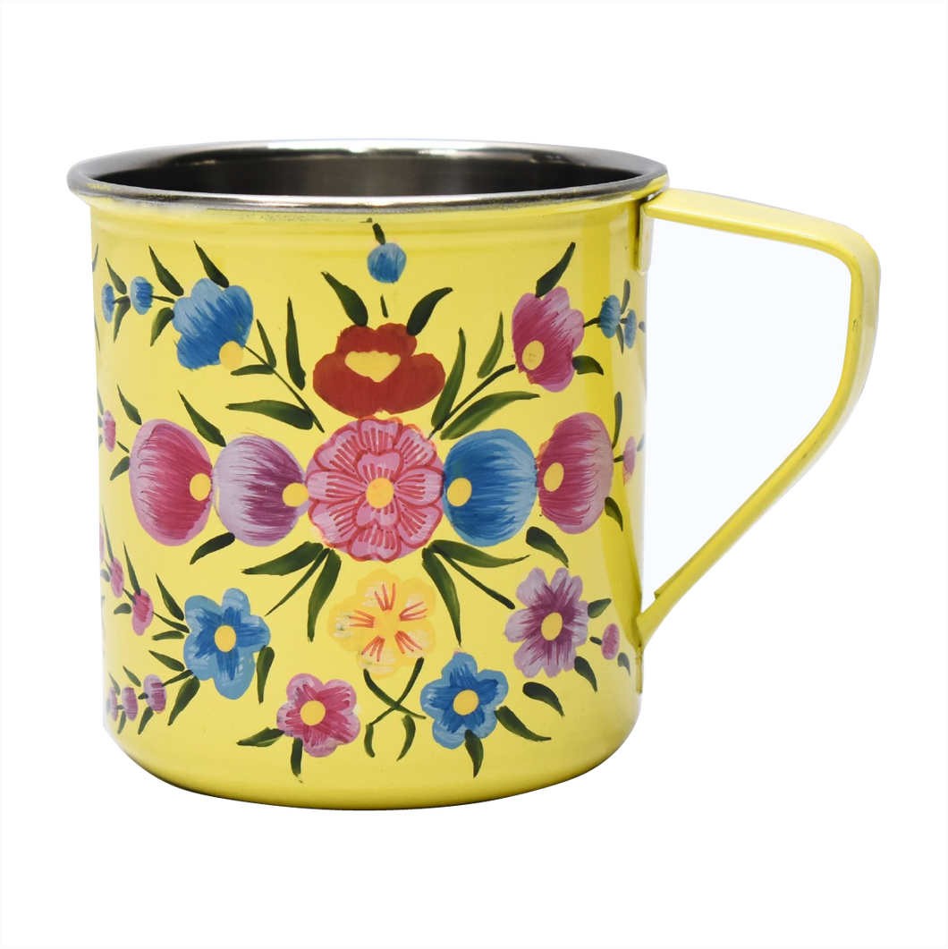 Hand painted floral design stainless steel mug in yellow