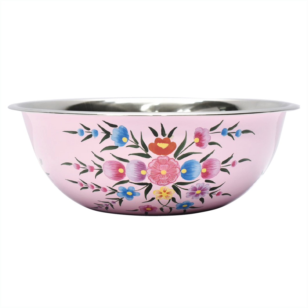 Hand painted floral design stainless steel serving or mixing bowl in pink