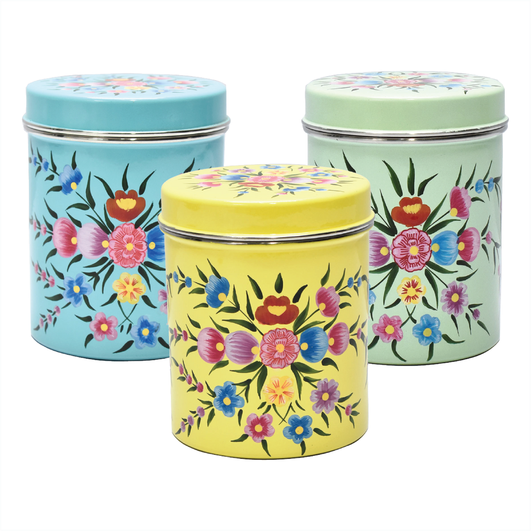 Hand painted floral design set of 3 stainless steel canisters with lid in green, yellow, and blue