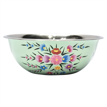 Load image into Gallery viewer, Hand painted floral design stainless steel serving or mixing bowl in green
