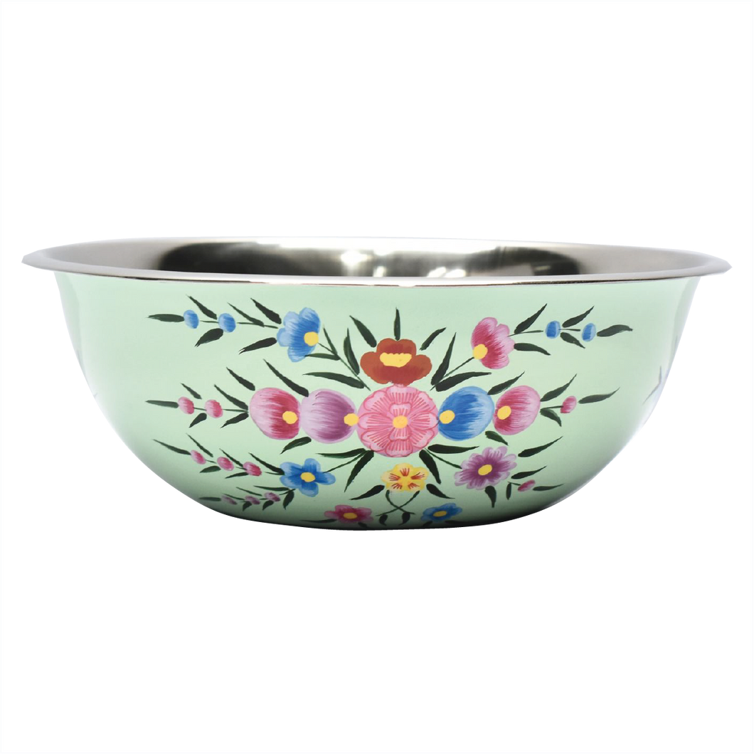 Hand painted floral design stainless steel serving or mixing bowl in green