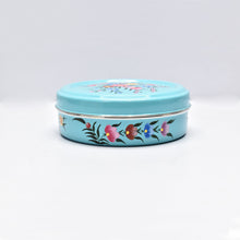 Load image into Gallery viewer, Hand painted floral design stainless steel storage tin in blue
