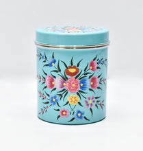 Load image into Gallery viewer, Hand painted floral design set of 3 stainless steel canisters with lid in green, yellow, and blue
