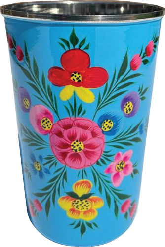 Hand painted floral design stainless steel tumbler in blue