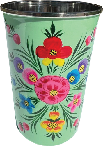 Hand painted floral design stainless steel tumbler in green