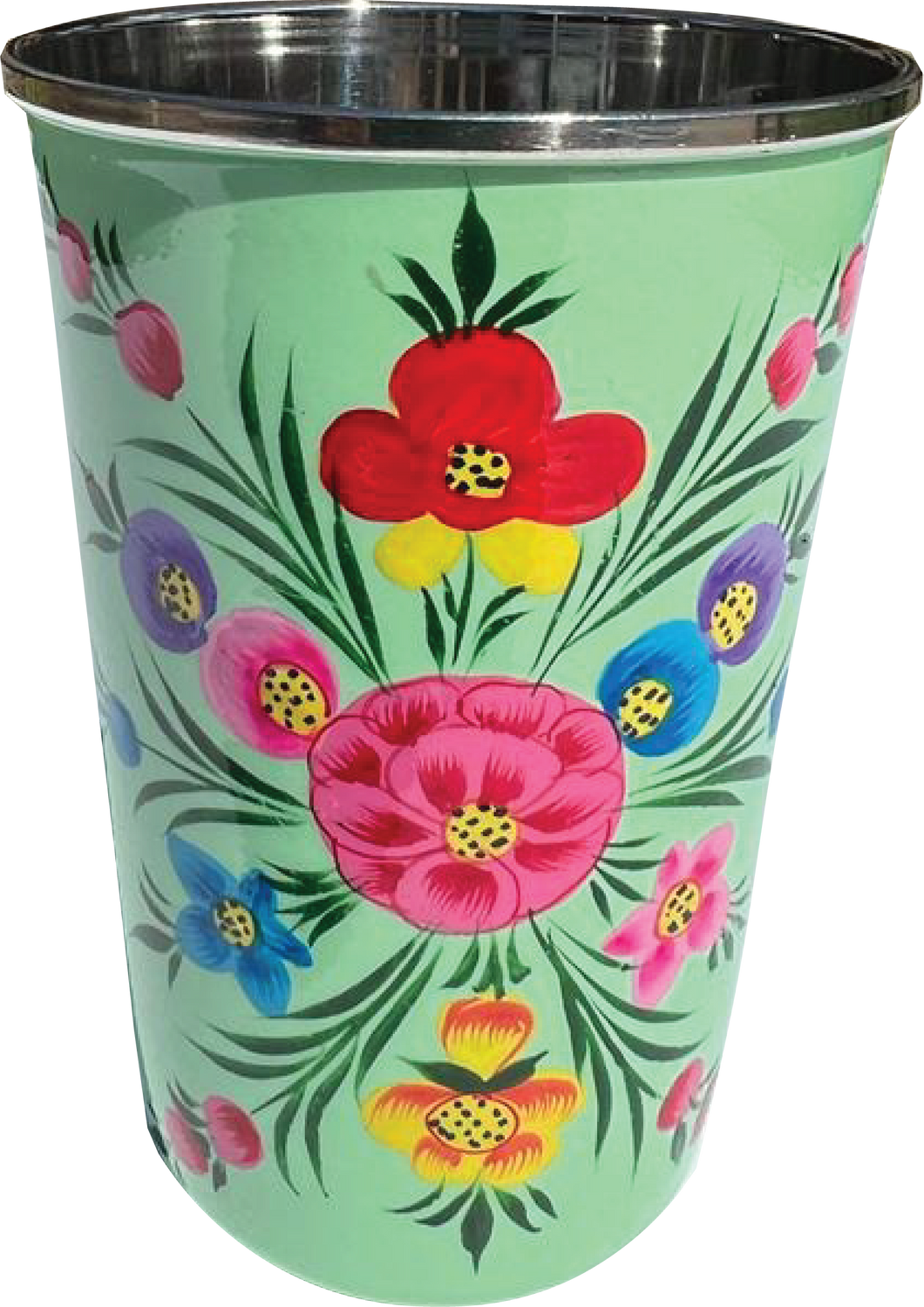 Hand painted floral design stainless steel tumbler in green