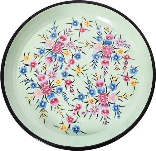 Hand painted floral design stainless steel tray or platter in green