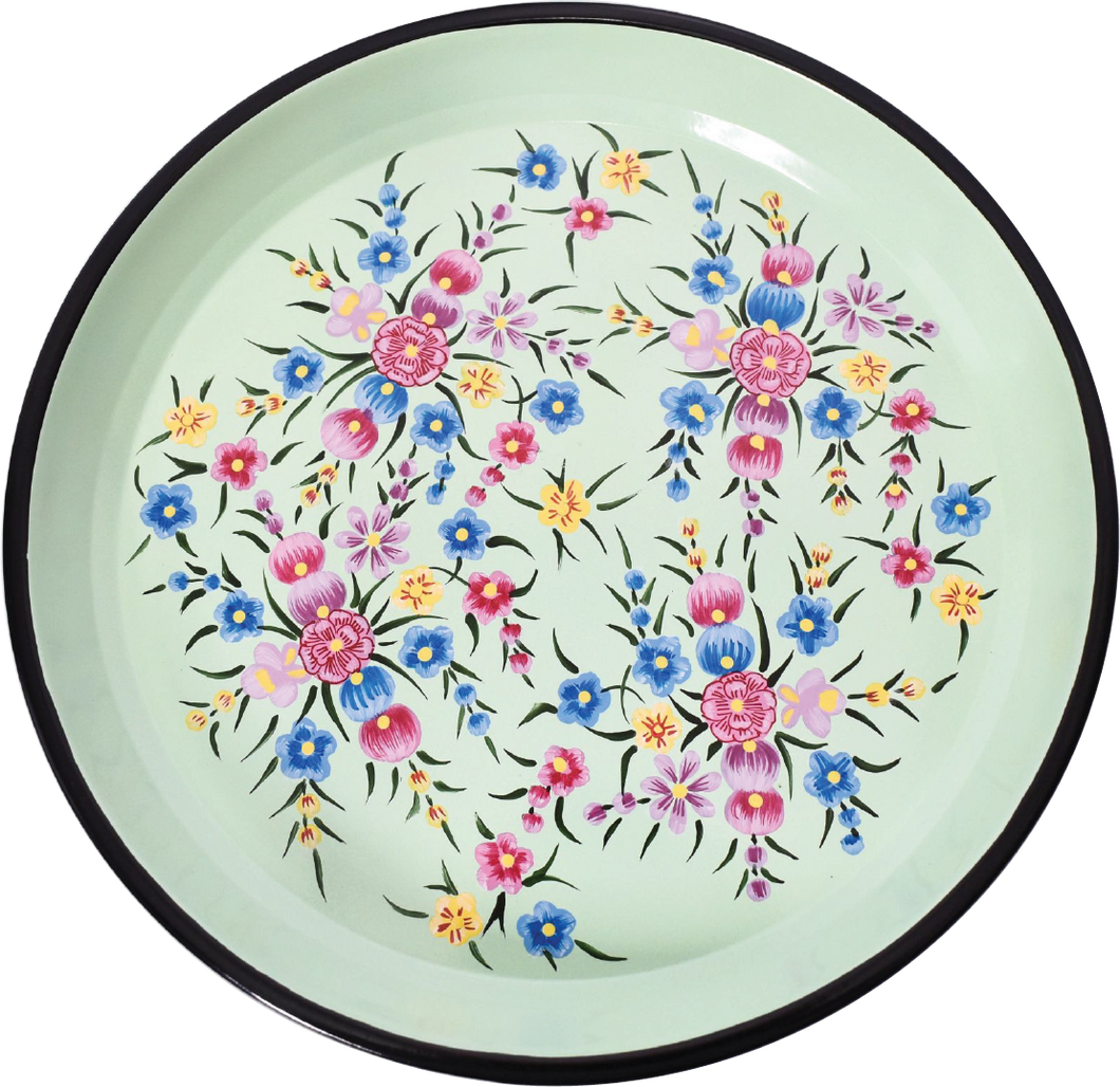 Hand painted floral design stainless steel tray or platter in green