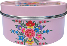 Load image into Gallery viewer, Hand painted floral design stainless steel storage tin in pink
