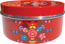 Load image into Gallery viewer, Hand painted floral design stainless steel deep storage tin in red
