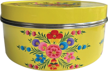 Load image into Gallery viewer, Hand painted floral design stainless steel storage tin in yellow
